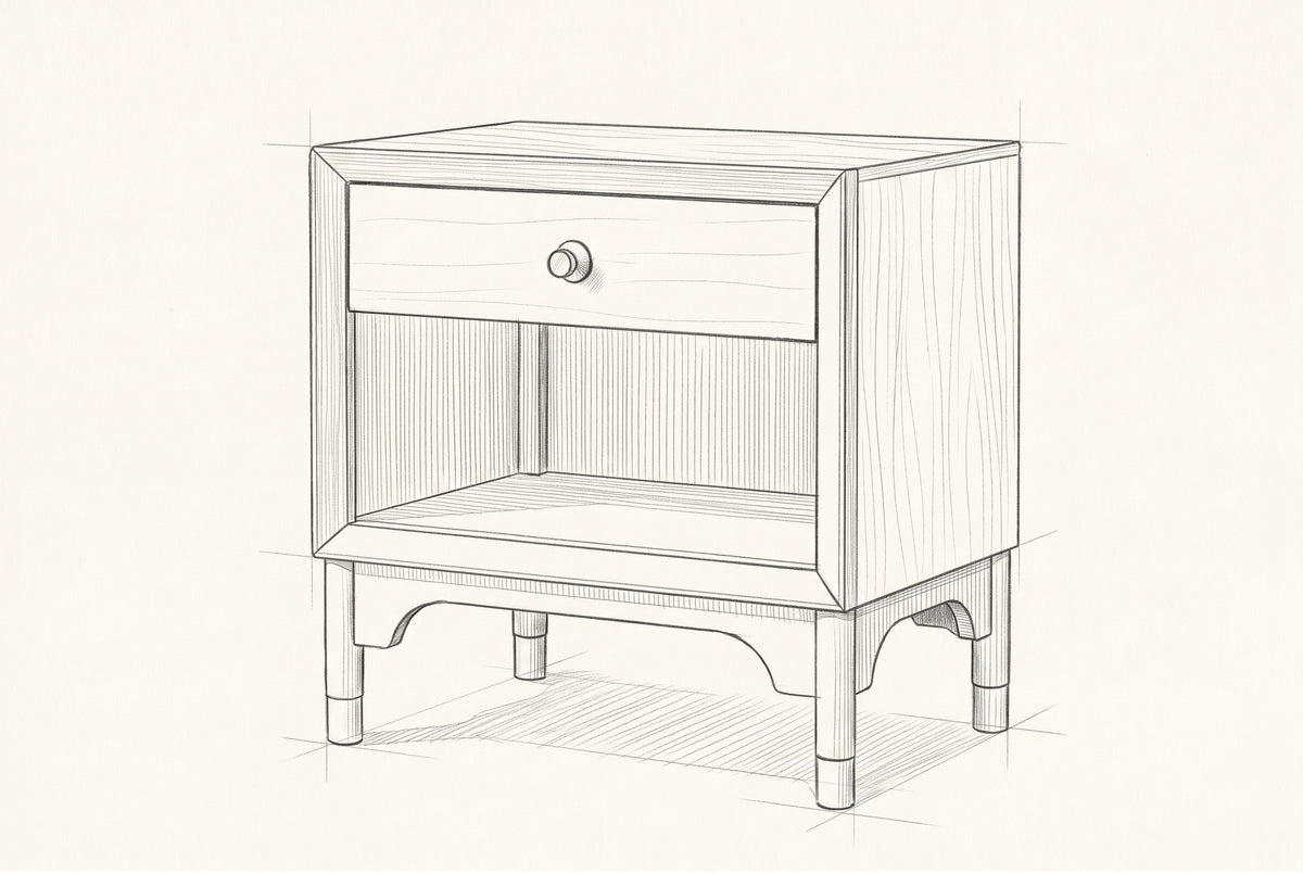 Pencil sketch of the Berchidda nightstand, drawn from the same three-quarter view