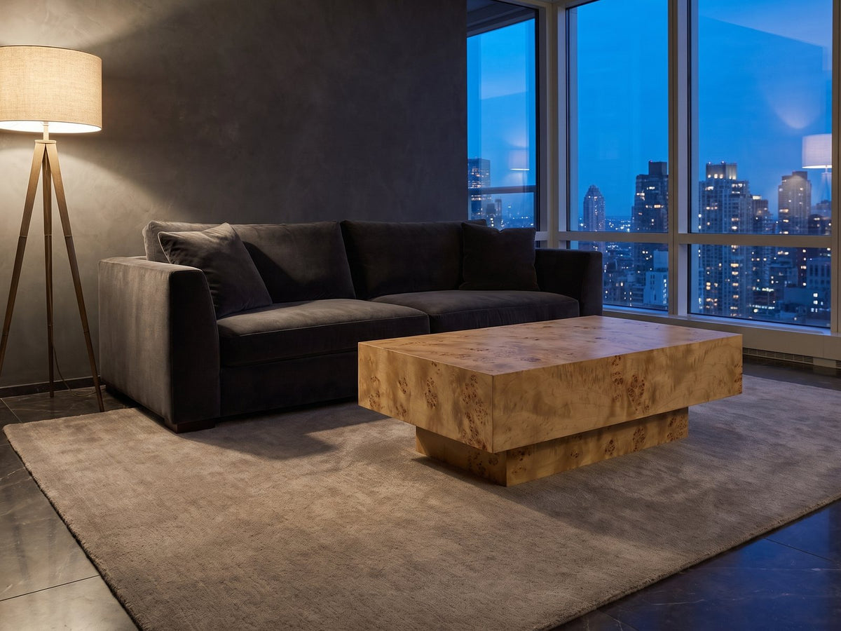 Biella 43-Inch Rectangular Burl Wood Veneer Coffee Table on a wool rug in front of a velvet sofa in a city penthouse at blue hour