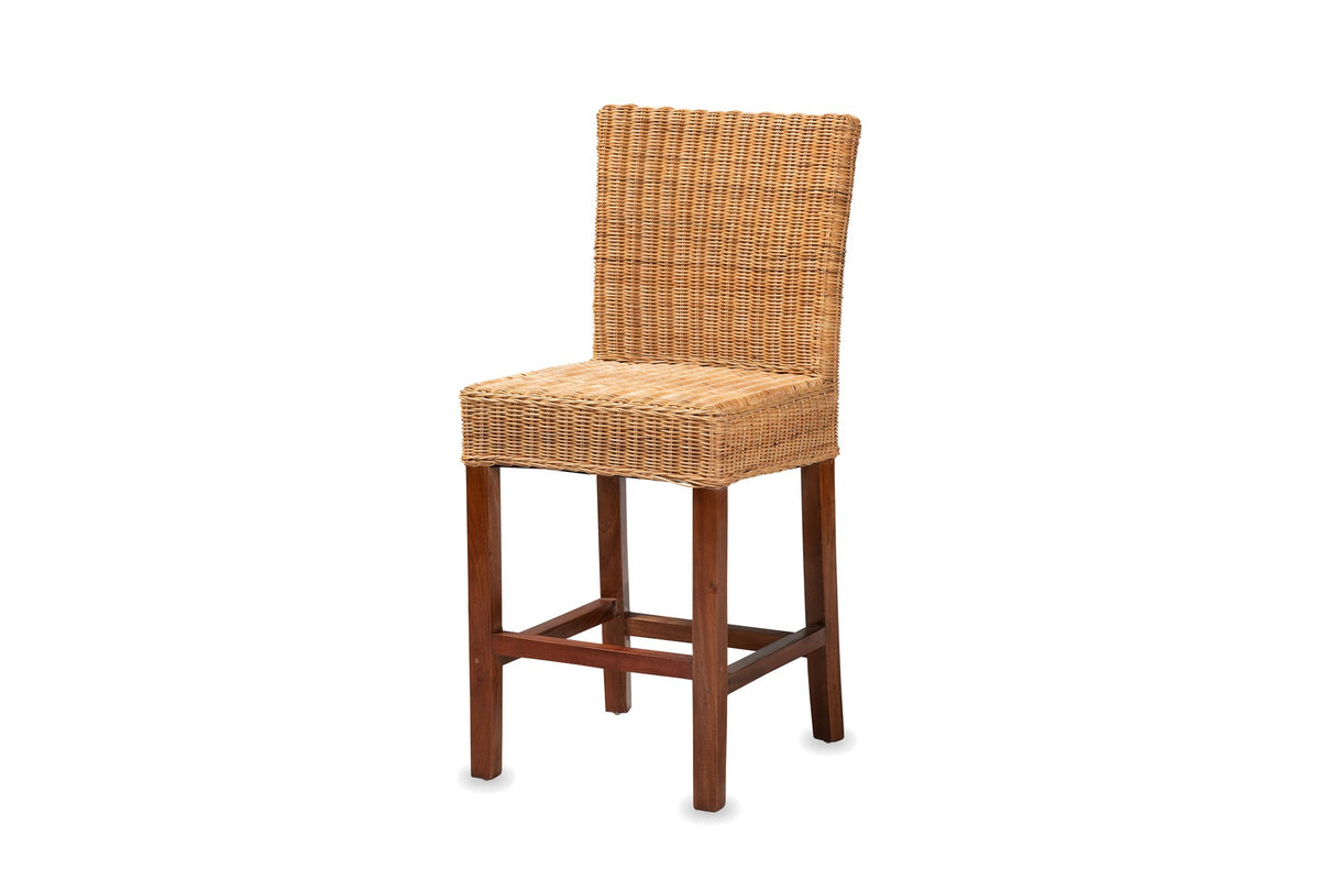 Bocchigliero Woven Rattan and Mahogany Counter Stool on a white background
