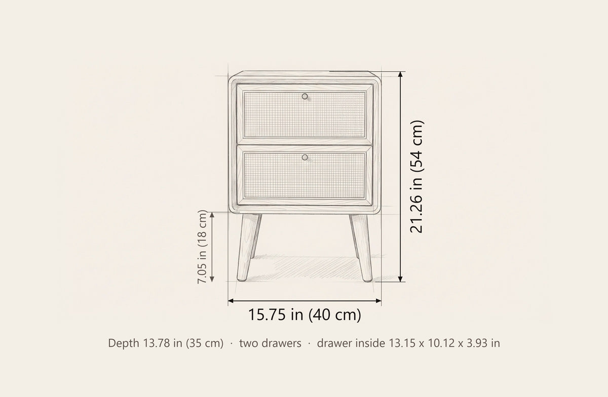 Bono nightstand dimensions: 15.75 in wide, 21.26 in high, 13.78 in deep, legs 7.05 in