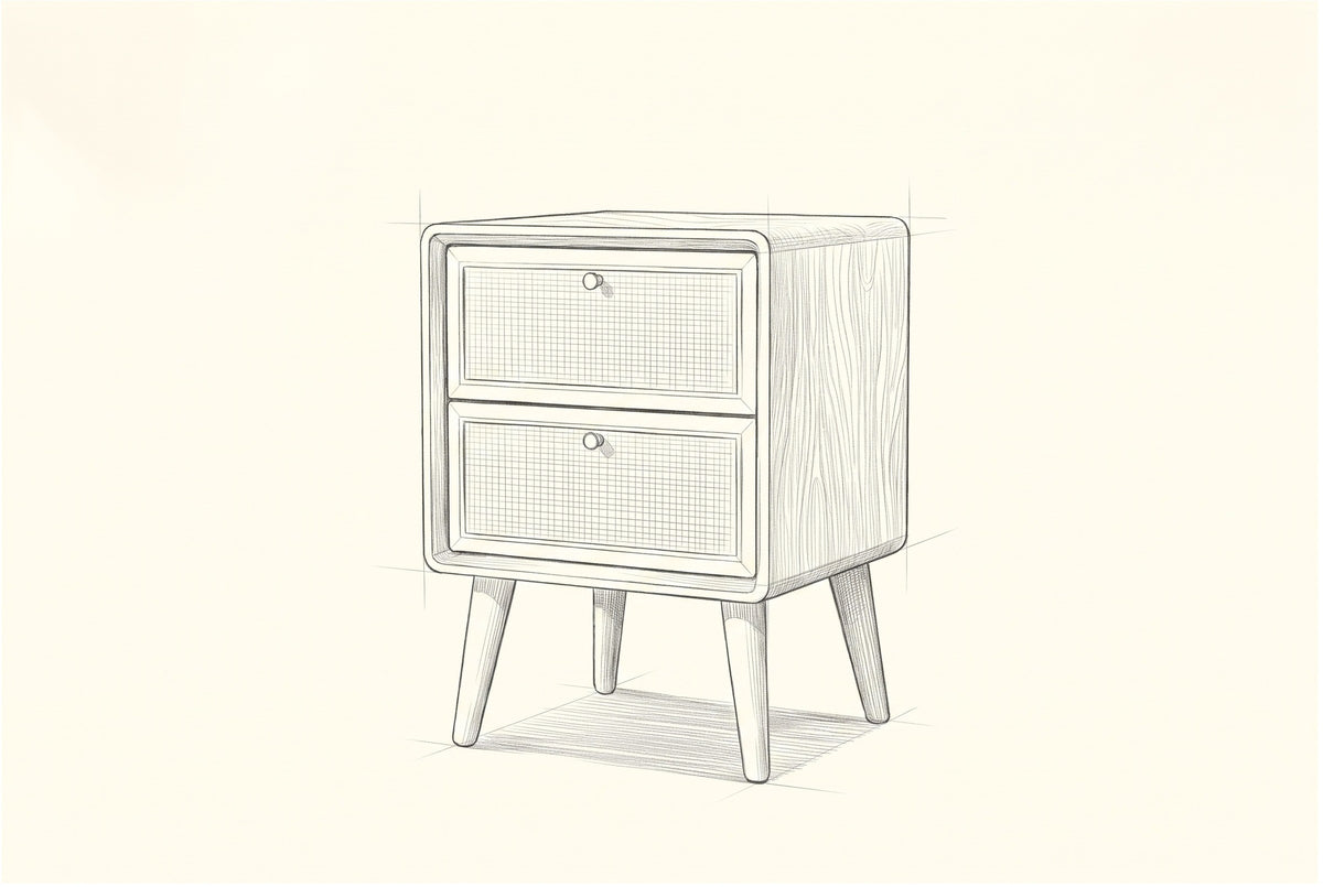 Pencil sketch of the Bono nightstand, drawn from the same three-quarter view