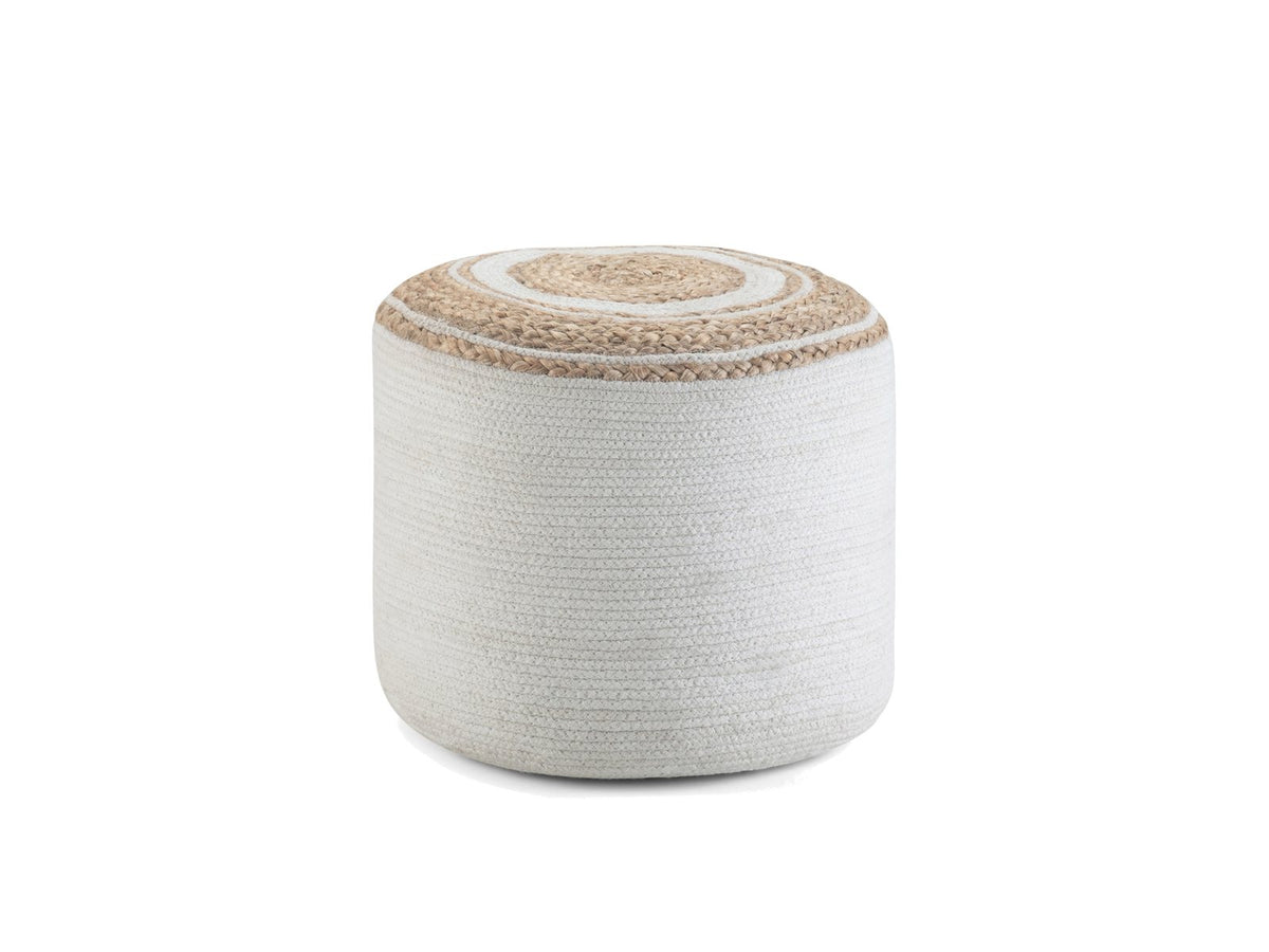 Bordighera Braided Jute and Cotton Round Pouf photographed on white: braided cotton sides and a jute top with cotton rings