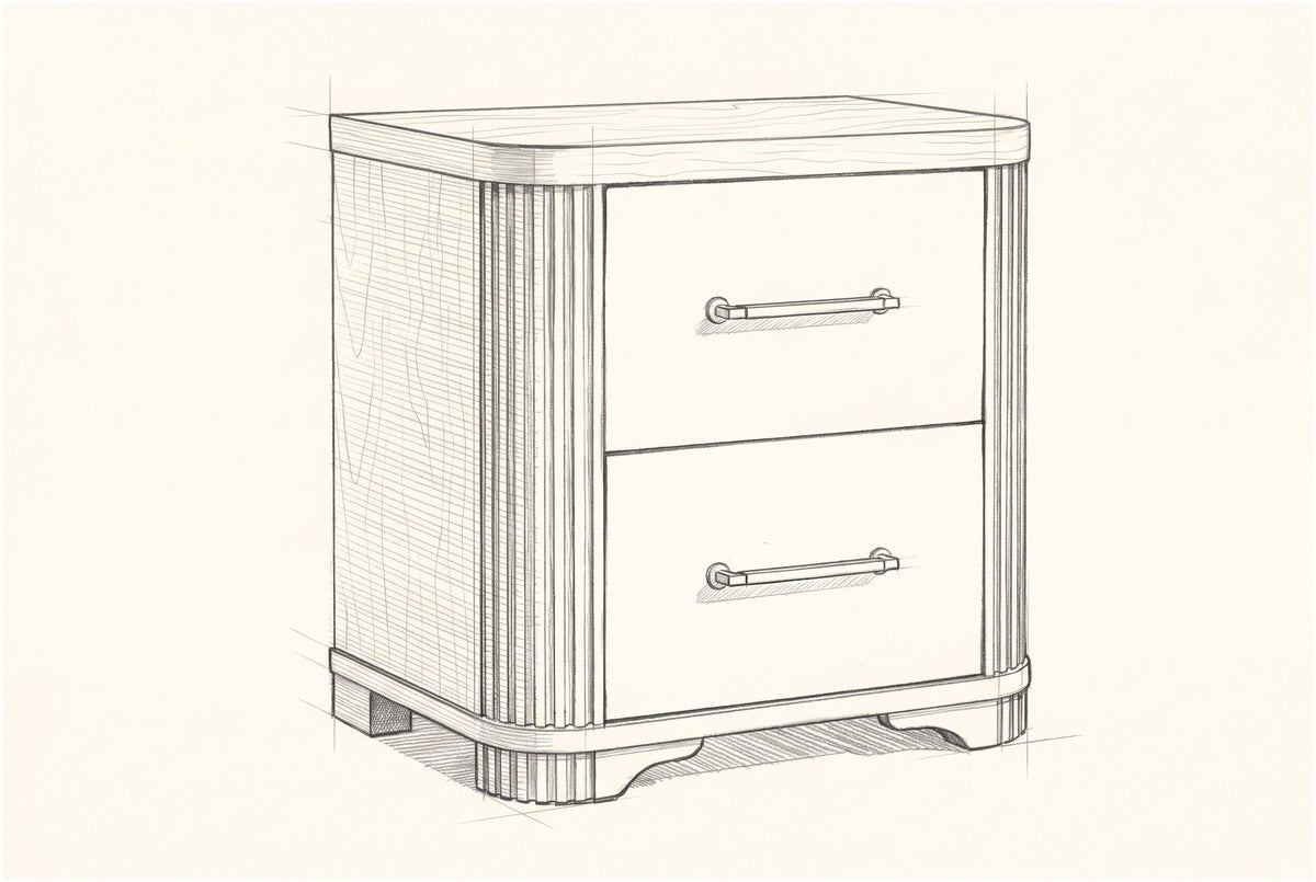 Pencil sketch of the Bosa nightstand, drawn from the same three-quarter view