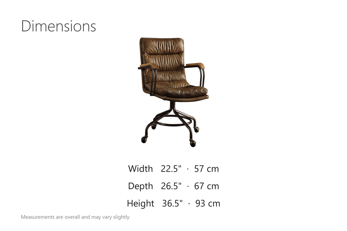 Bovalino Pillowed Top-Grain Leather Swivel Desk Chair with Wood Arms dimensions