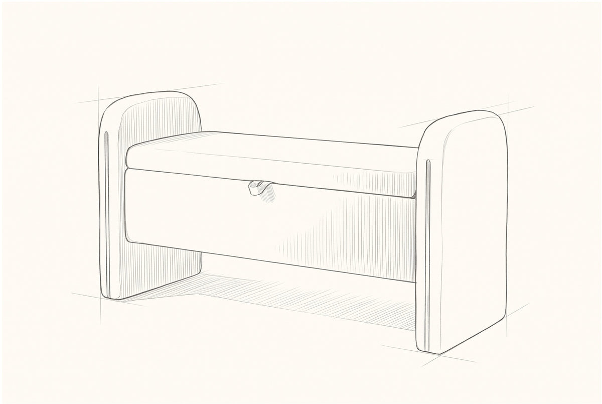 Pencil sketch of the Bracciano storage bench, drawn from the same three-quarter view