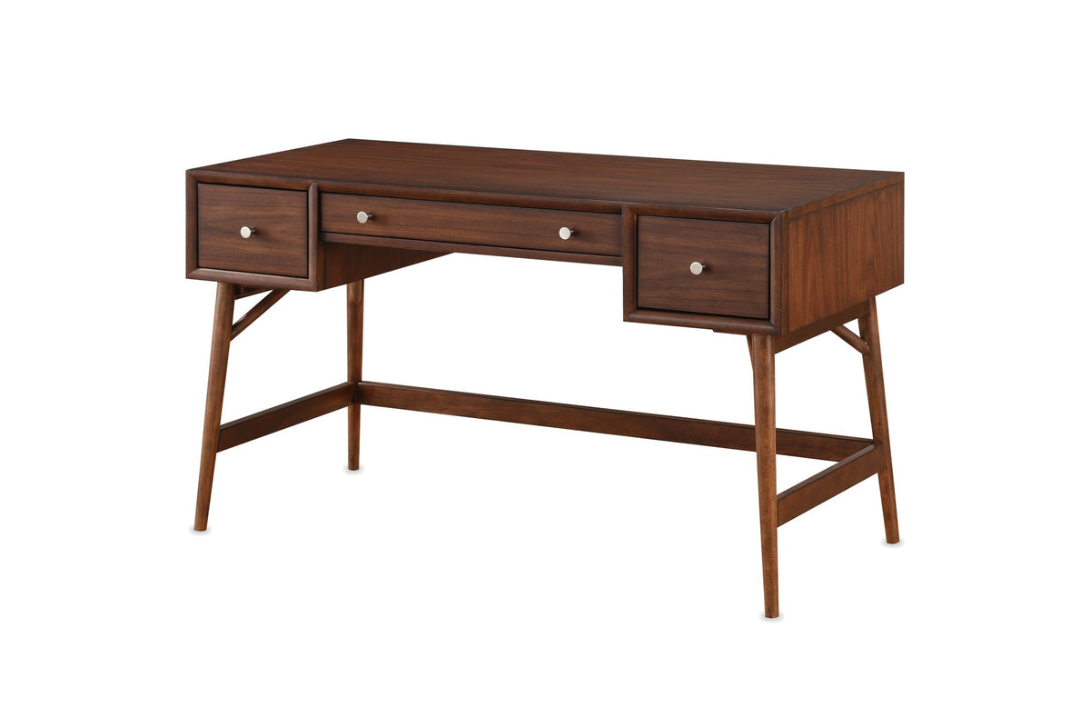 Brancaleone 51.25-Inch 3-Drawer Walnut Veneer Mid-Century Writing Desk on a white background