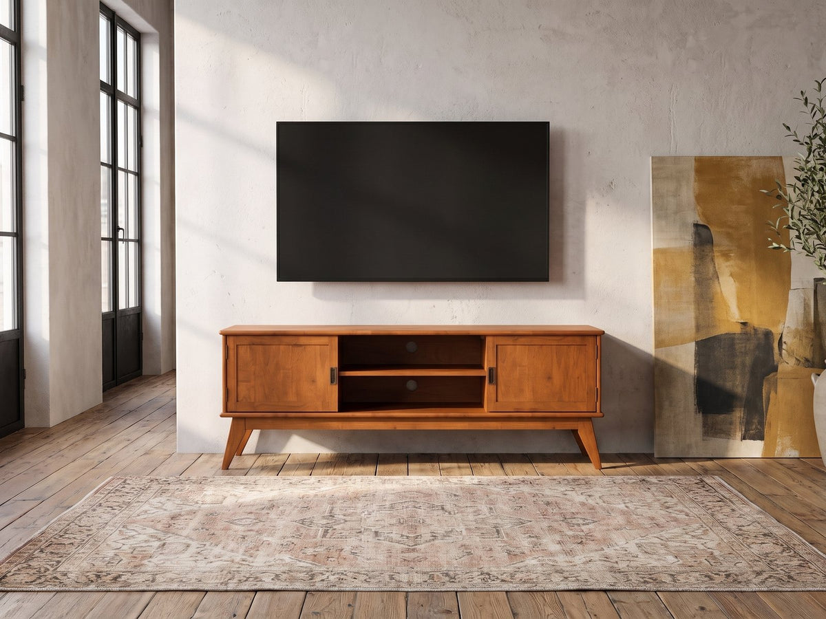 Brisighella Mid-Century Media Console under a wall-mounted screen in an industrial loft