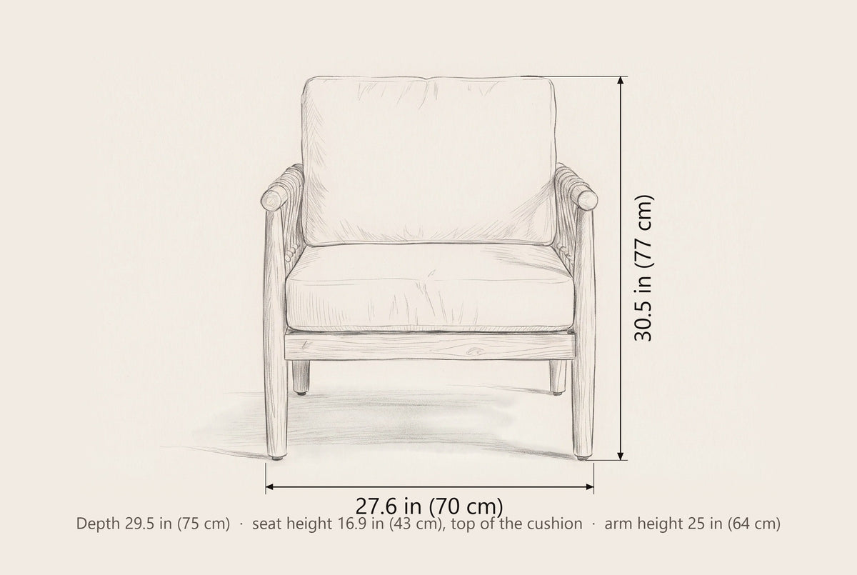 Burgio club armchair dimensions: 27.6 in wide, 30.5 in high, 29.5 in deep, seat height 16.9 in, arm height 25 in