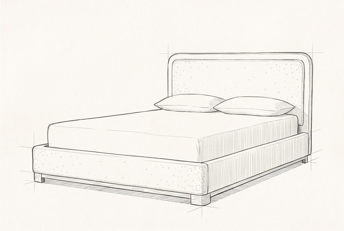 Pencil sketch of the Bussi bed with a mattress and two pillows, drawn from the same three-quarter view
