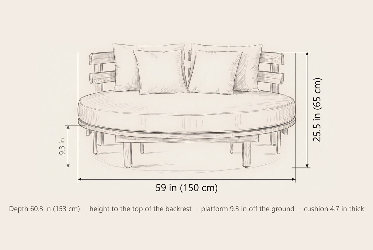 Butera round daybed dimensions: 59 in wide, 25.5 in high to the backrest, 60.3 in deep