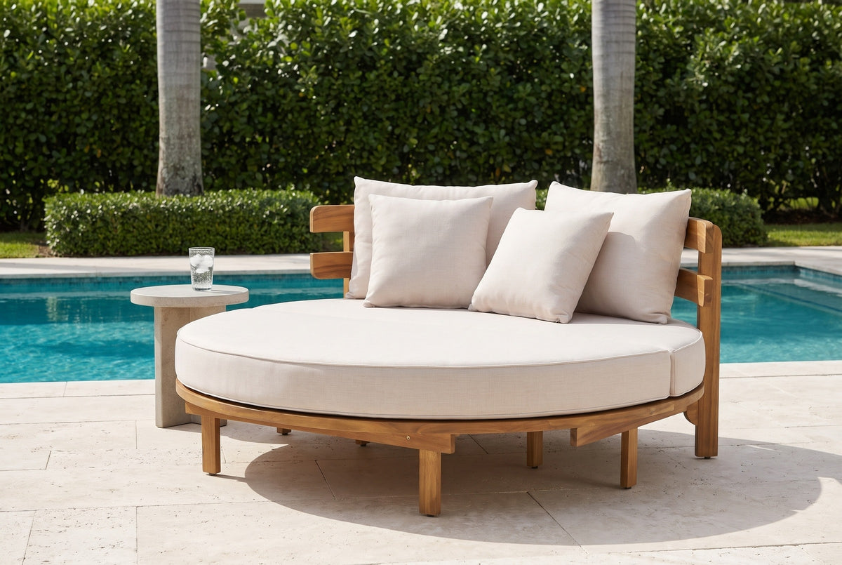 Butera round acacia daybed on a travertine pool terrace in Naples, Florida, a clipped hedge and palms behind (side table not included)