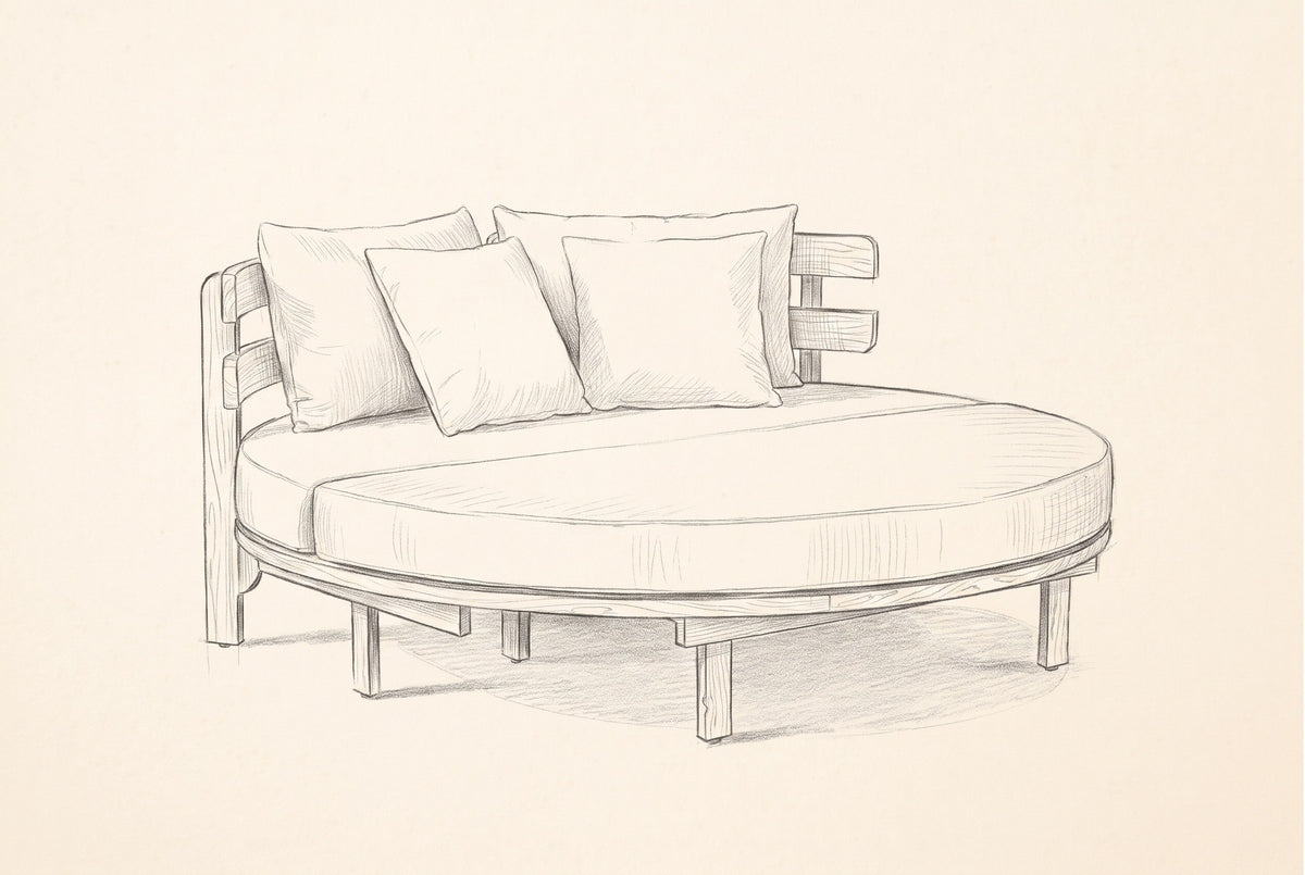 Pencil sketch of the Butera round daybed, three-quarter view