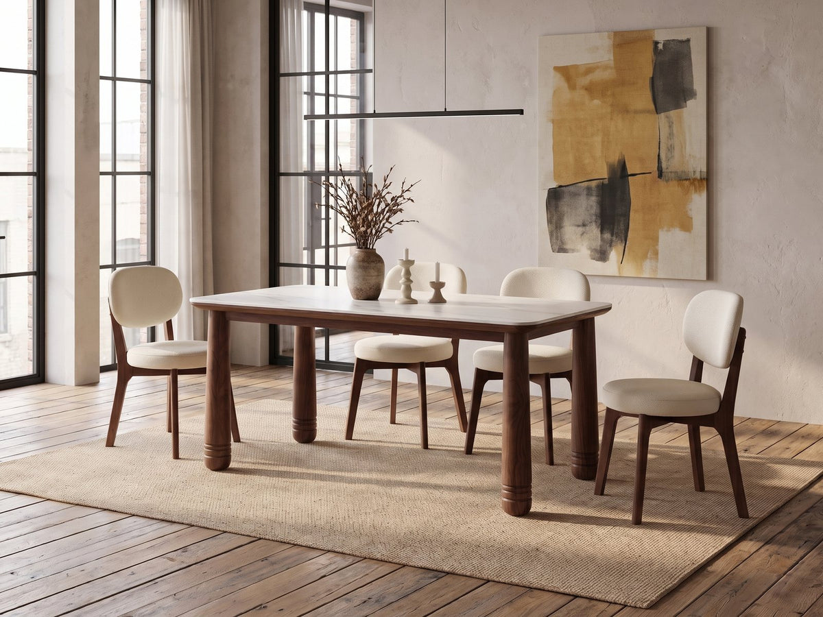 Caccuri 63-Inch Sintered Stone Walnut-Finish Dining Set with 4 Chairs in an industrial loft dining area