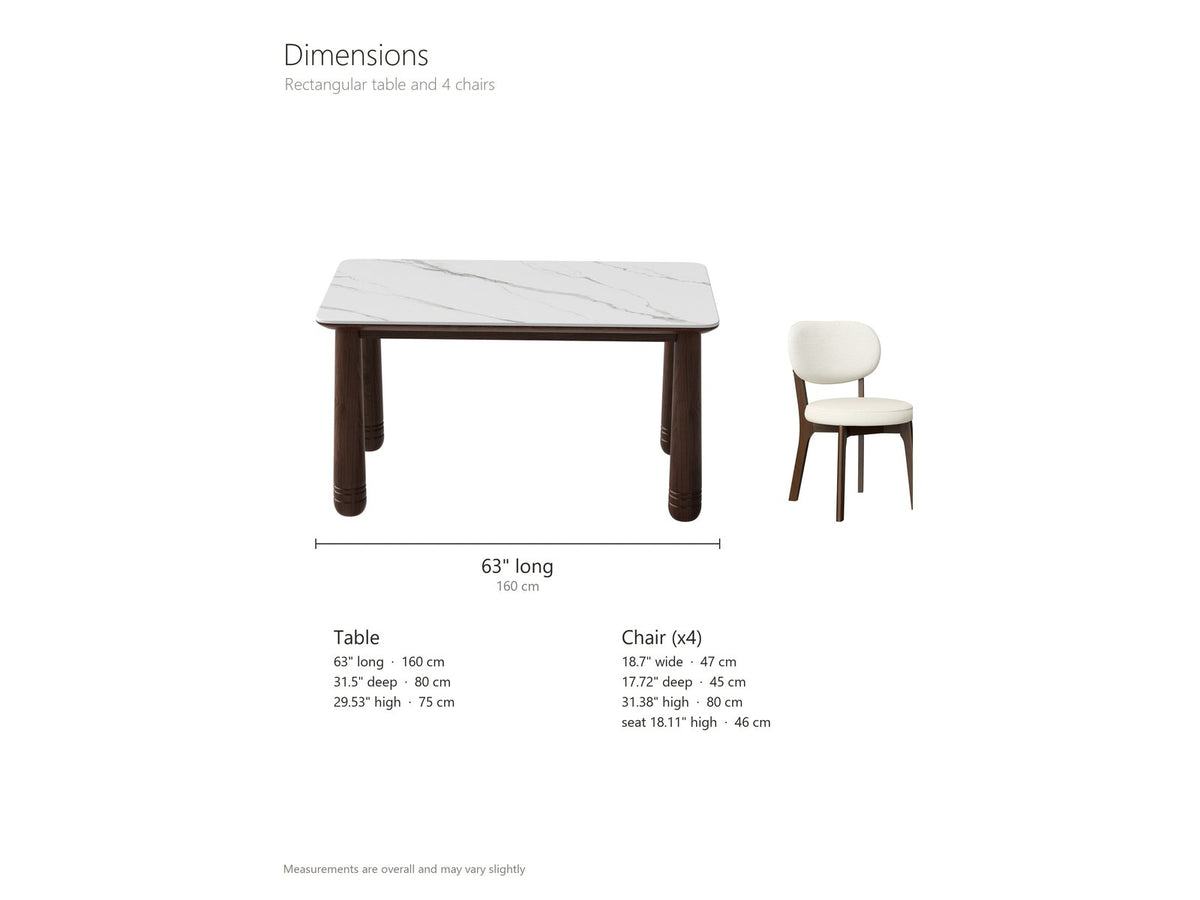 Caccuri 63-Inch Sintered Stone Walnut-Finish Dining Set with 4 Chairs dimensions: table 63 in long, 31.5 in deep and 29.5 in high; each chair 18.7 in wide and 31.4 in high, seat 18.1 in high