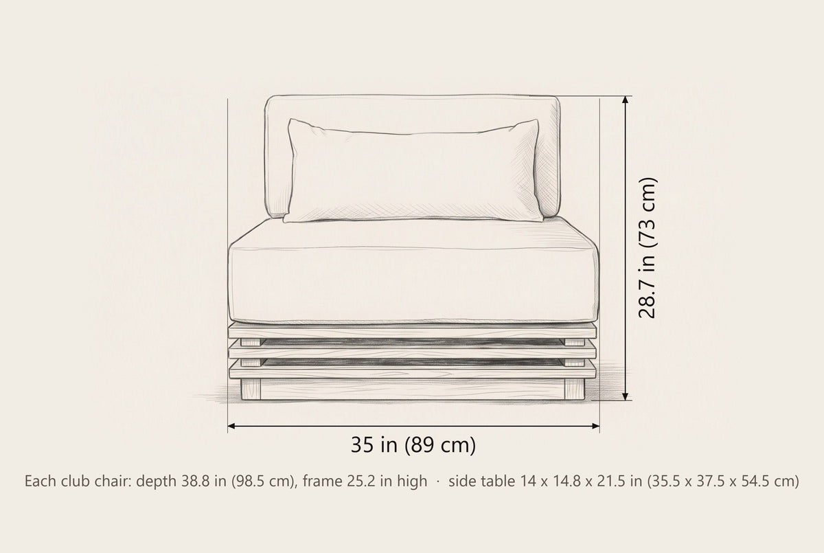 Calamosche club chair dimensions: 35 in wide and 28.7 in high, depth 38.8 in; side table 14 x 14.8 x 21.5 in