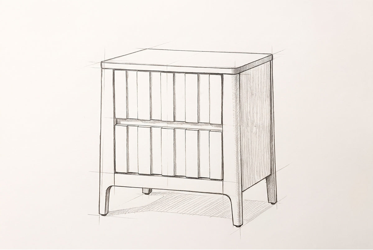 Pencil sketch of the Calangianus nightstand, drawn from the same three-quarter view