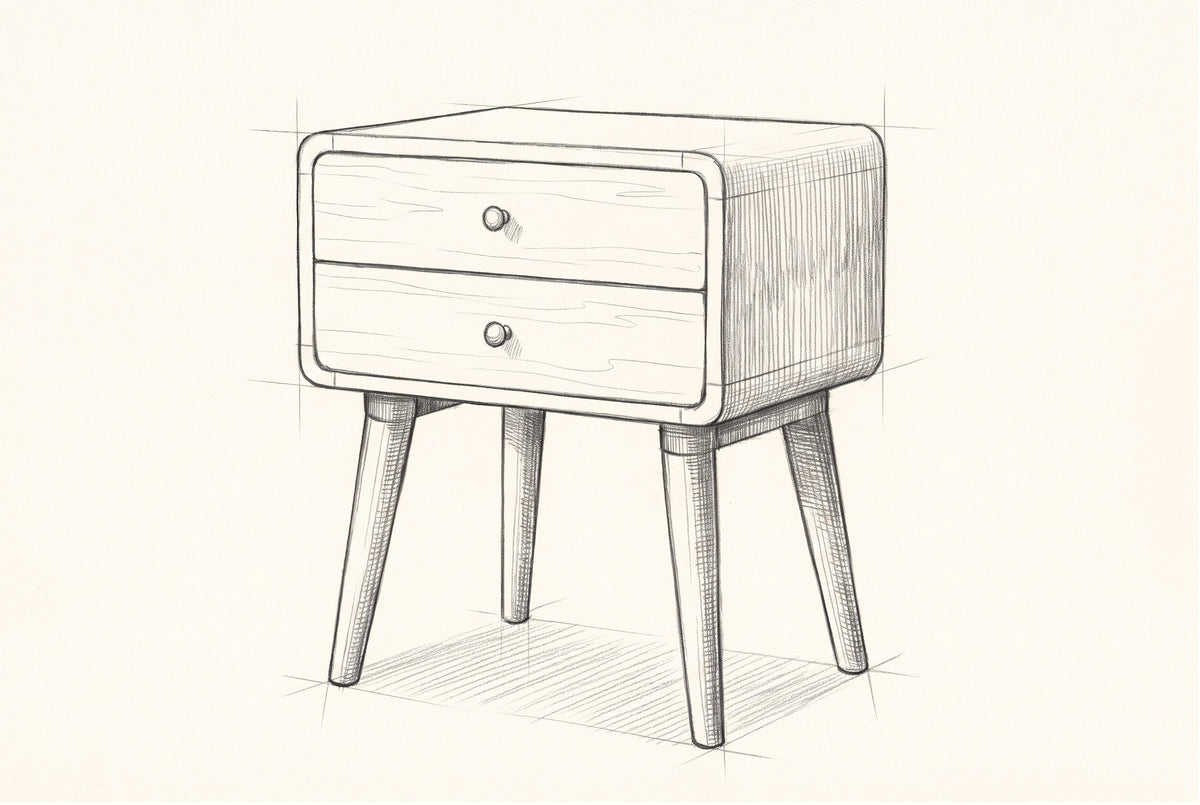 Pencil sketch of the Calasetta nightstand, drawn from the same three-quarter view