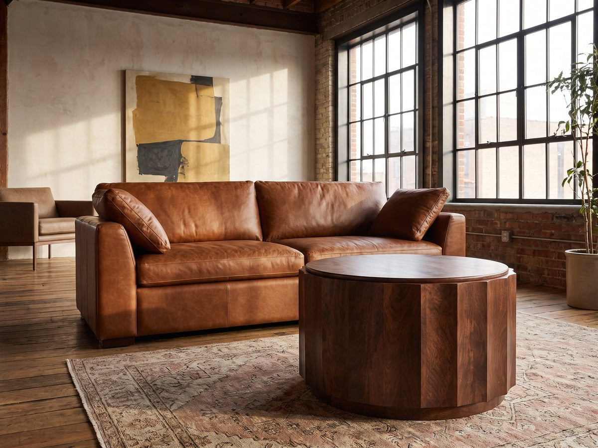 Camaiore Faceted Mango Drum Coffee Table on a vintage rug in front of a leather sofa in an industrial loft
