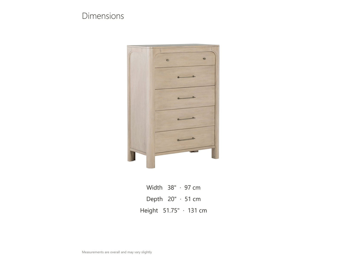 Caorle 38-Inch Weathered Mango 5-Drawer Chest dimensions: 38.0 in wide, 20.0 in deep, 51.75 in high