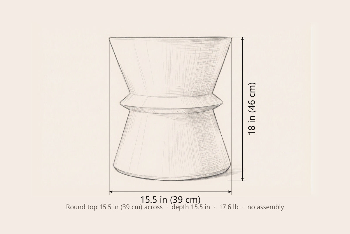 Capizzi side table dimensions: 15.5 in wide, 18 in high