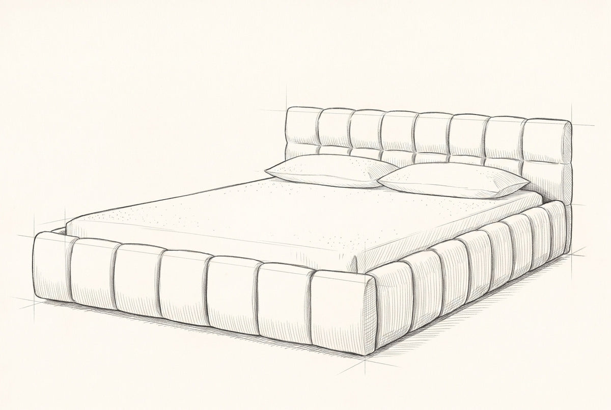 Pencil sketch of the Capracotta floor bed with a mattress and two pillows, drawn from the same three-quarter view