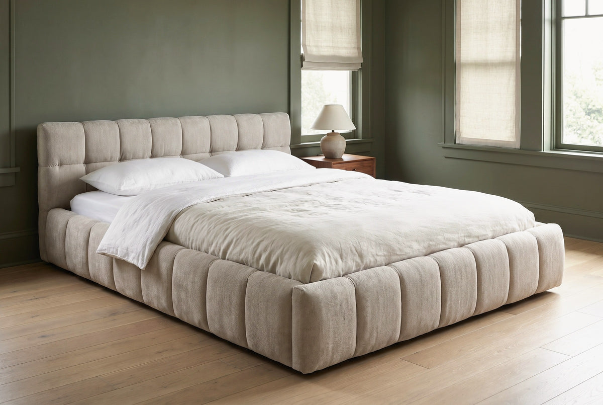 Capracotta floor bed against a sage-olive green wall in a Seattle craftsman bedroom with white oak floors and a walnut side table