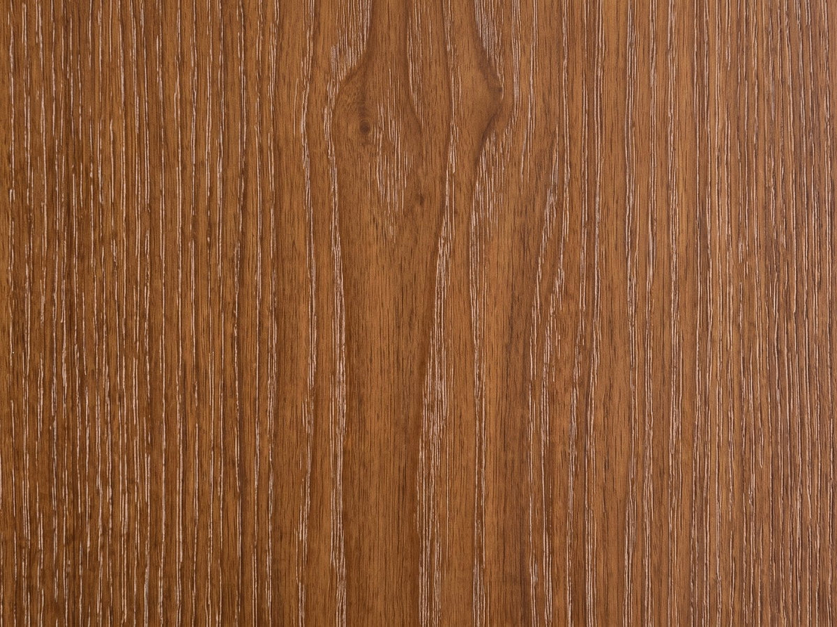 Close-up of the Capurso Wood Veneer Trestle Console Table: the open-pored walnut-brown grain of the top