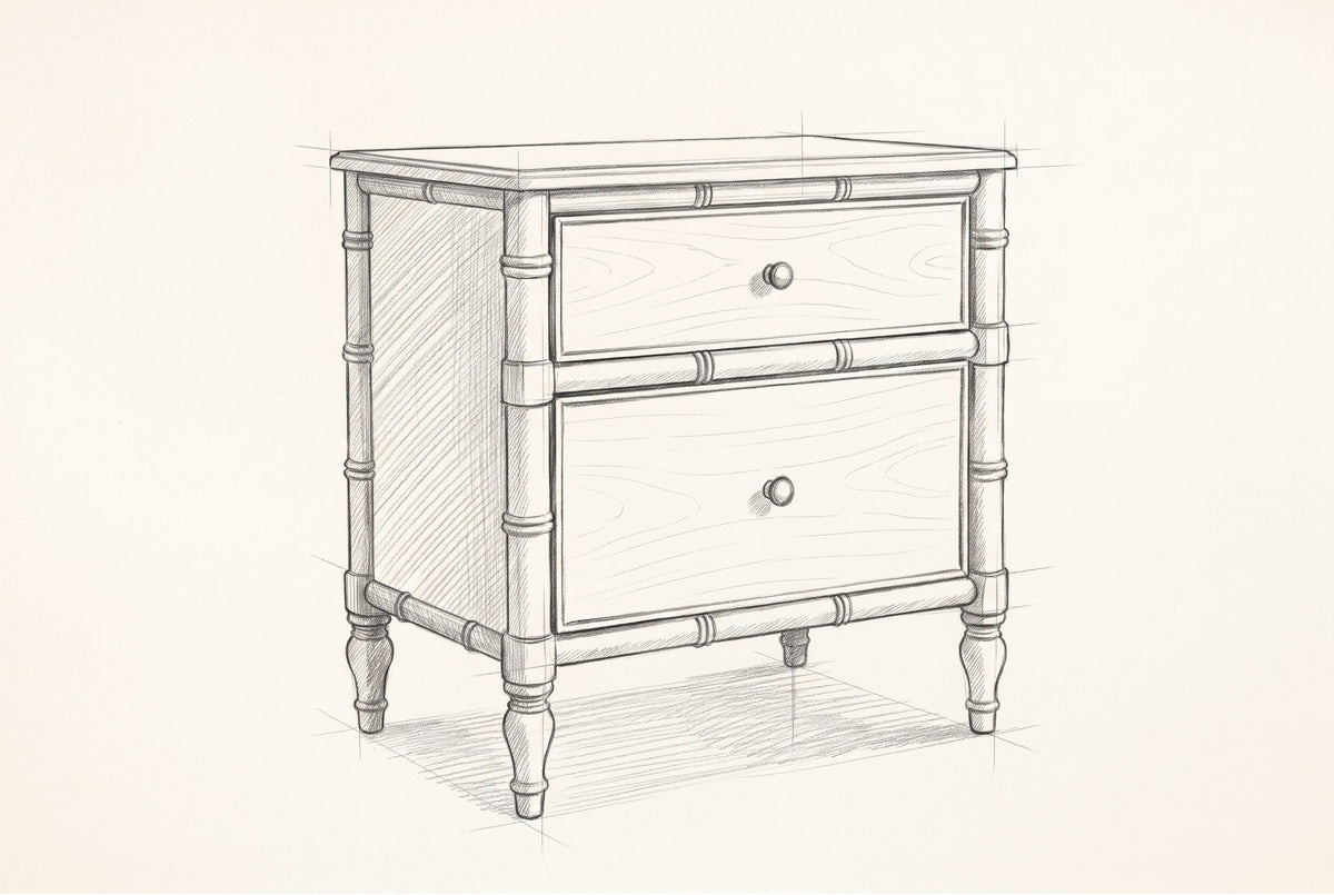 Pencil sketch of the Carloforte nightstand, drawn from the same three-quarter view