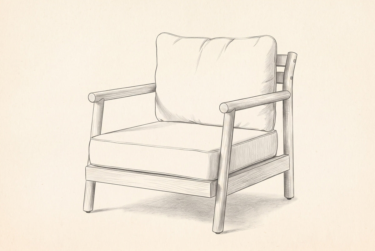 Pencil sketch of the Caronia club chair, three-quarter front view