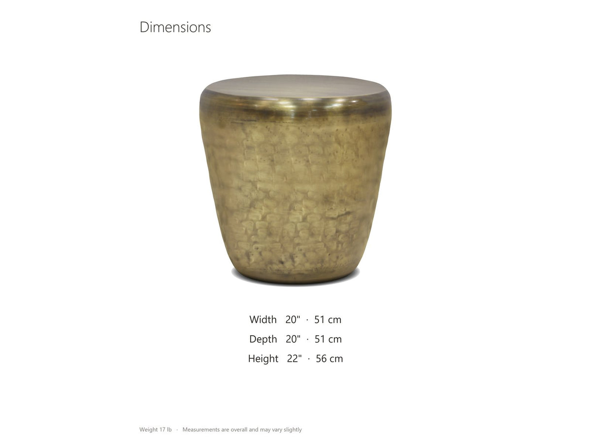 Carovilli Hammered Metal Drum Side Table dimensions: 20.0 in wide, 20.0 in deep, 22.0 in high
