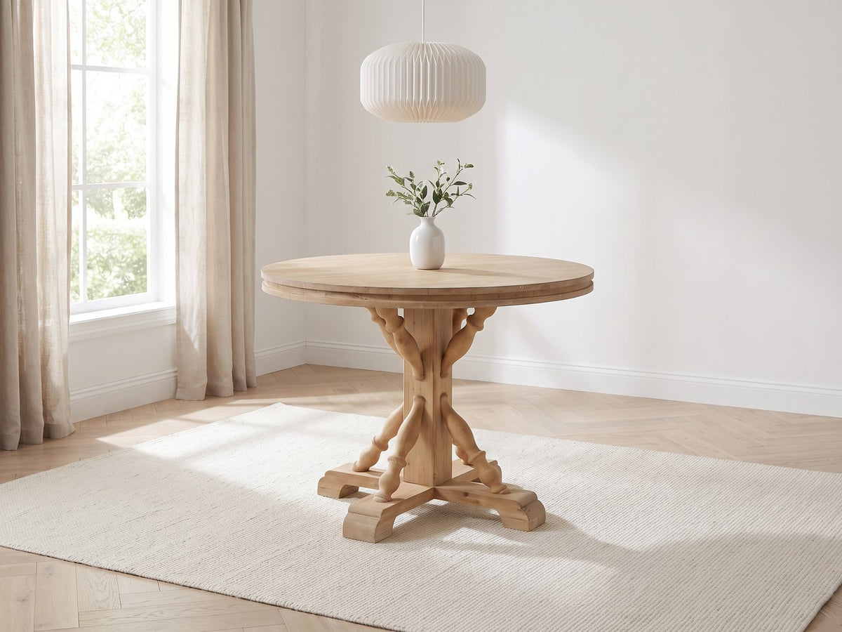 Casabona 42-Inch Round Fir Baluster Pedestal Dining Table in a bright plaster dining room with linen curtains
