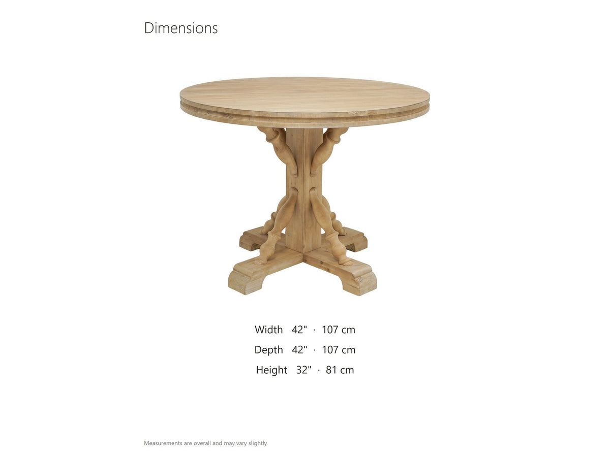 Casabona 42-Inch Round Fir Baluster Pedestal Dining Table dimensions: 42 in across and 32 in high