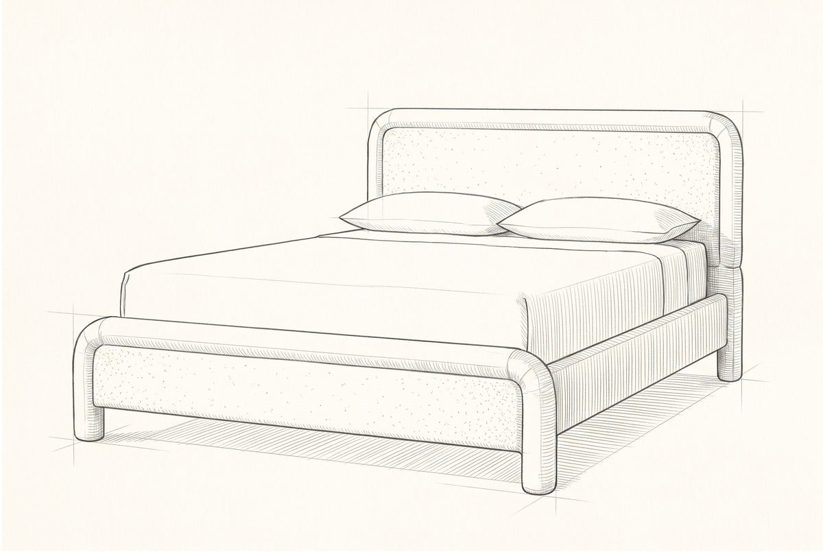 Pencil sketch of the Casacalenda bed with a mattress and two pillows, drawn from the same three-quarter view