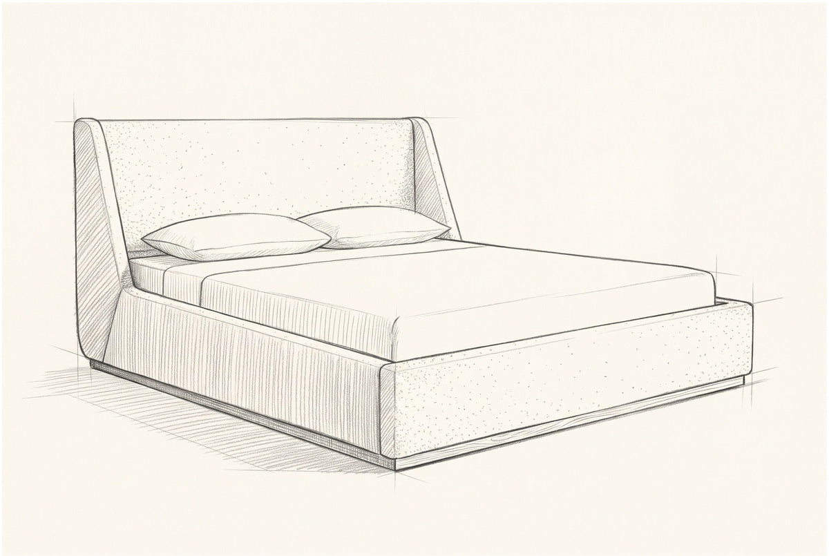 Pencil sketch of the Casoli winged bed with a mattress and two pillows, drawn from the same three-quarter view