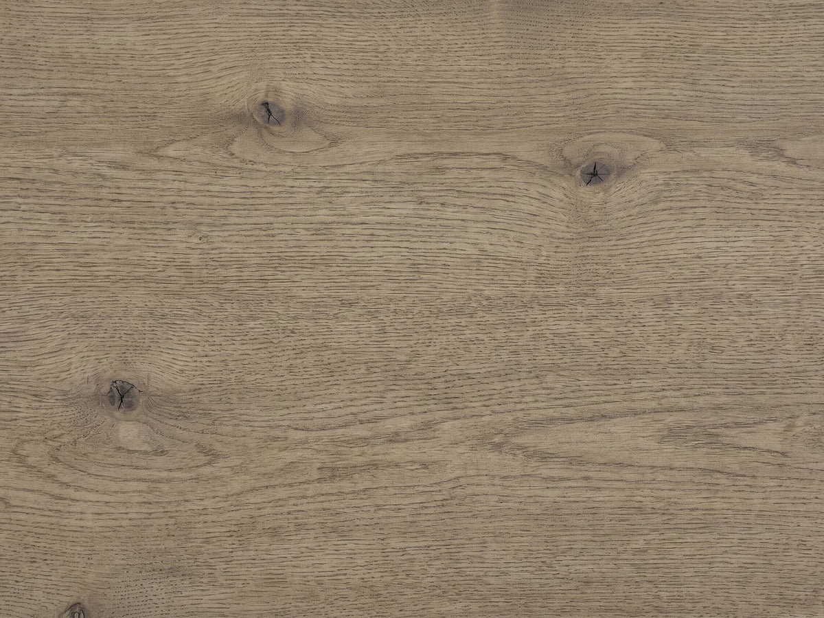 Close-up of the Castellaneta Knotty Oak Veneer Console Table: the weathered knotty oak grain of the top