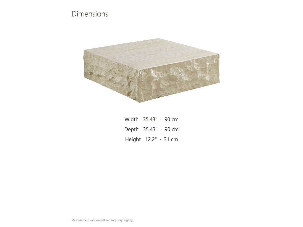 Castellina Faux Travertine Fiberglass Block Coffee Table dimensions: 35.43 in wide, 35.43 in deep, 12.2 in high