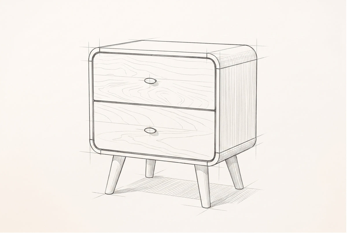 Pencil sketch of the Castelsardo nightstand, drawn from the same three-quarter view