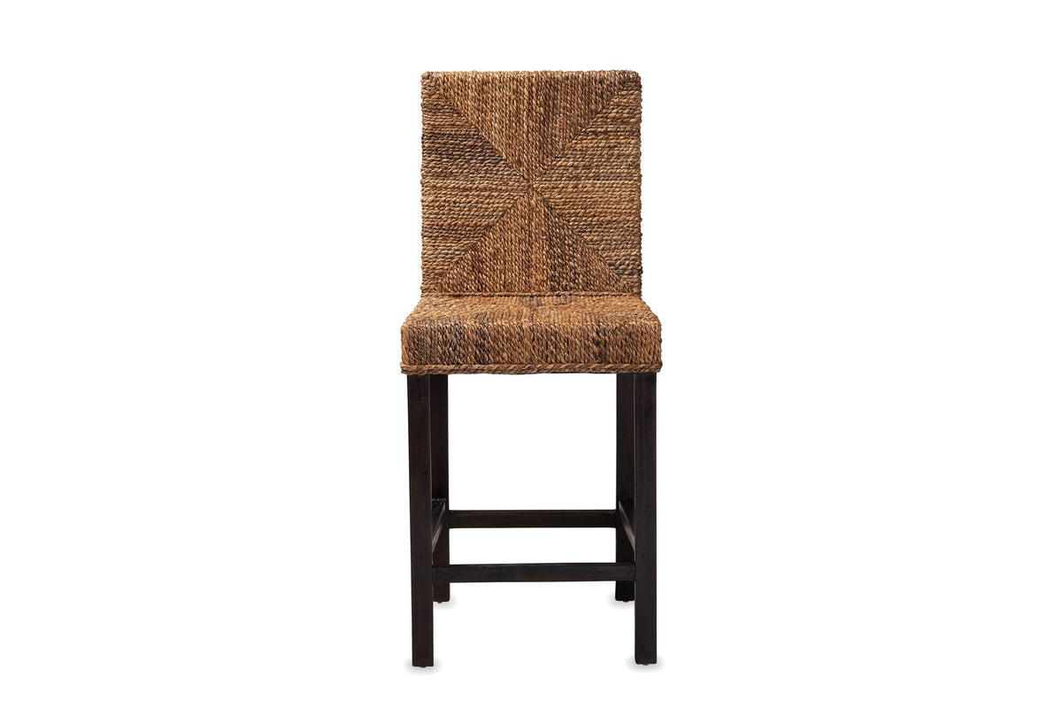 Castrolibero Woven Natural Fiber and Dark Wood Counter Stool, front view
