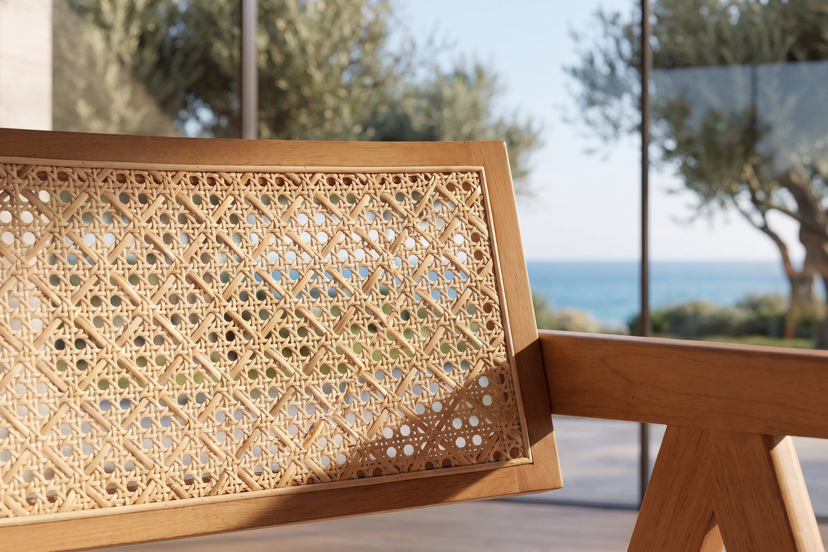 Close-up of the Caulonia Cane-Back A-Frame Wood Dining Chair (Set of 2): cane