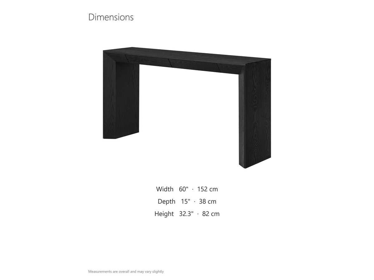 Cellamare Black Ash Veneer Waterfall Console Table dimensions: 60.0 in wide, 15.0 in deep, 32.3 in high