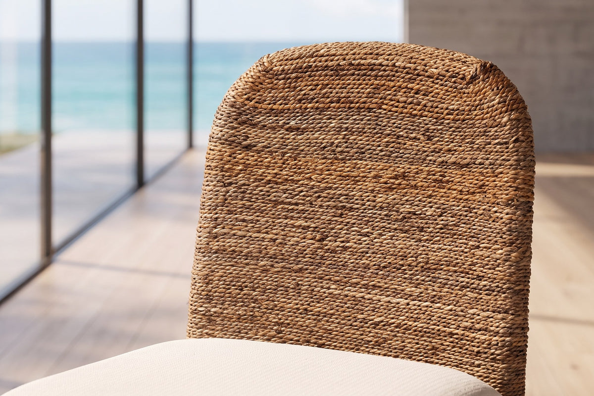 Close-up of the Cerisano Seagrass and Acacia Wood Counter Stool: seagrass