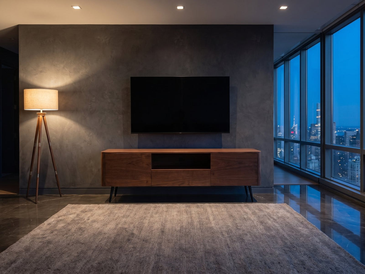 Cernobbio Curved Walnut Media Console under a wall-mounted screen in a city penthouse at blue hour