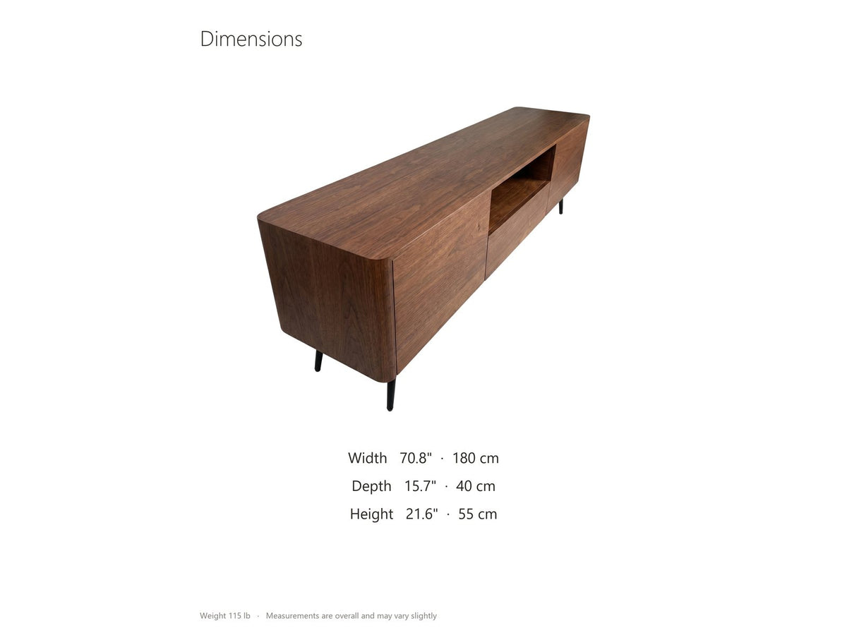 Cernobbio Curved Walnut Media Console dimensions: 70.8 in wide, 15.7 in deep, 21.6 in high