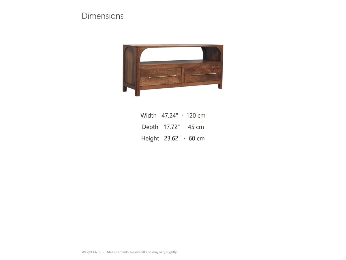 Cherasco Arch Mango Media Console dimensions: 47.24 in wide, 17.72 in deep, 23.62 in high