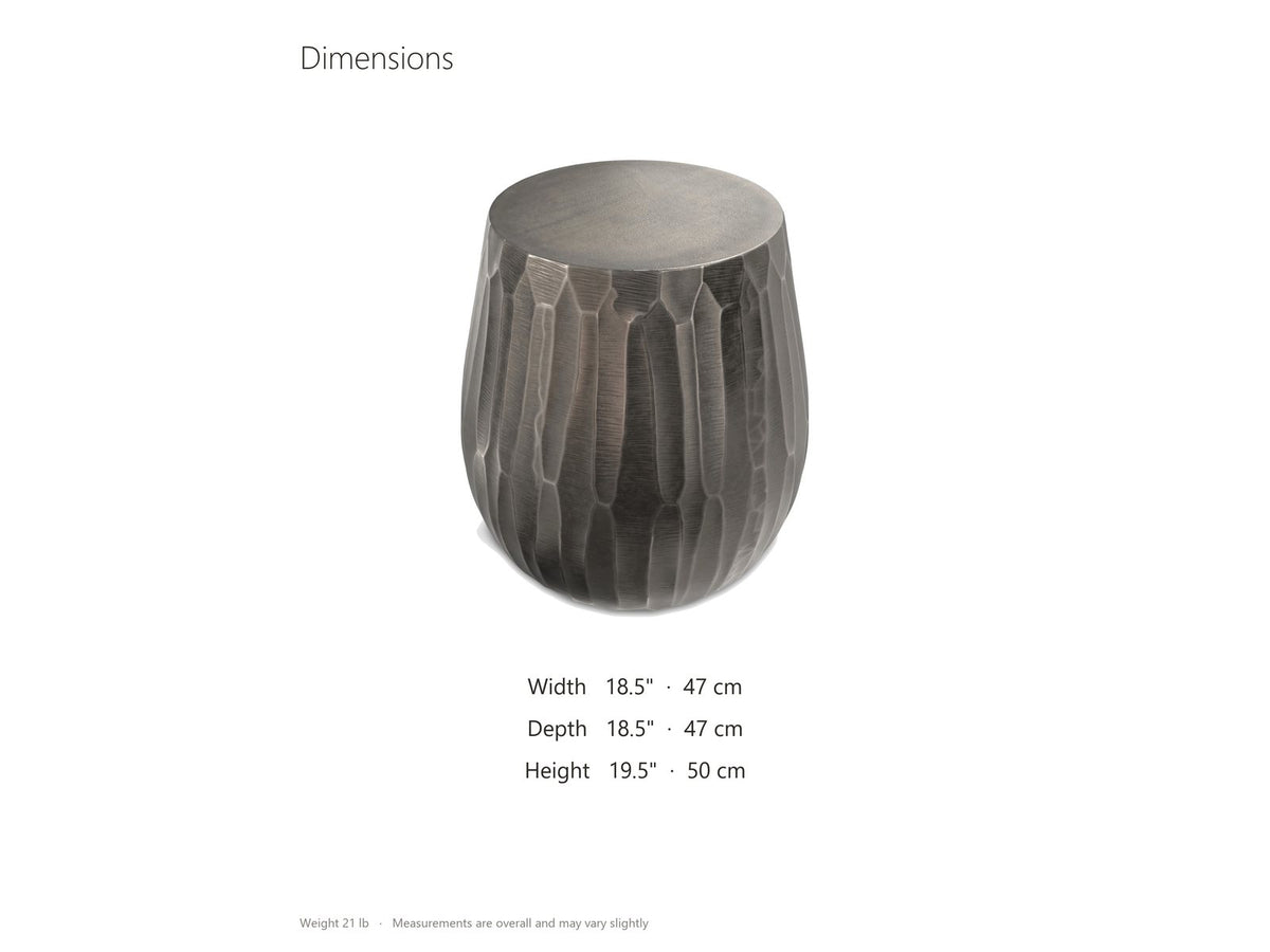 Chianciano Cast Aluminum Faceted Drum Side Table dimensions: 18.5 in wide, 18.5 in deep, 19.5 in high