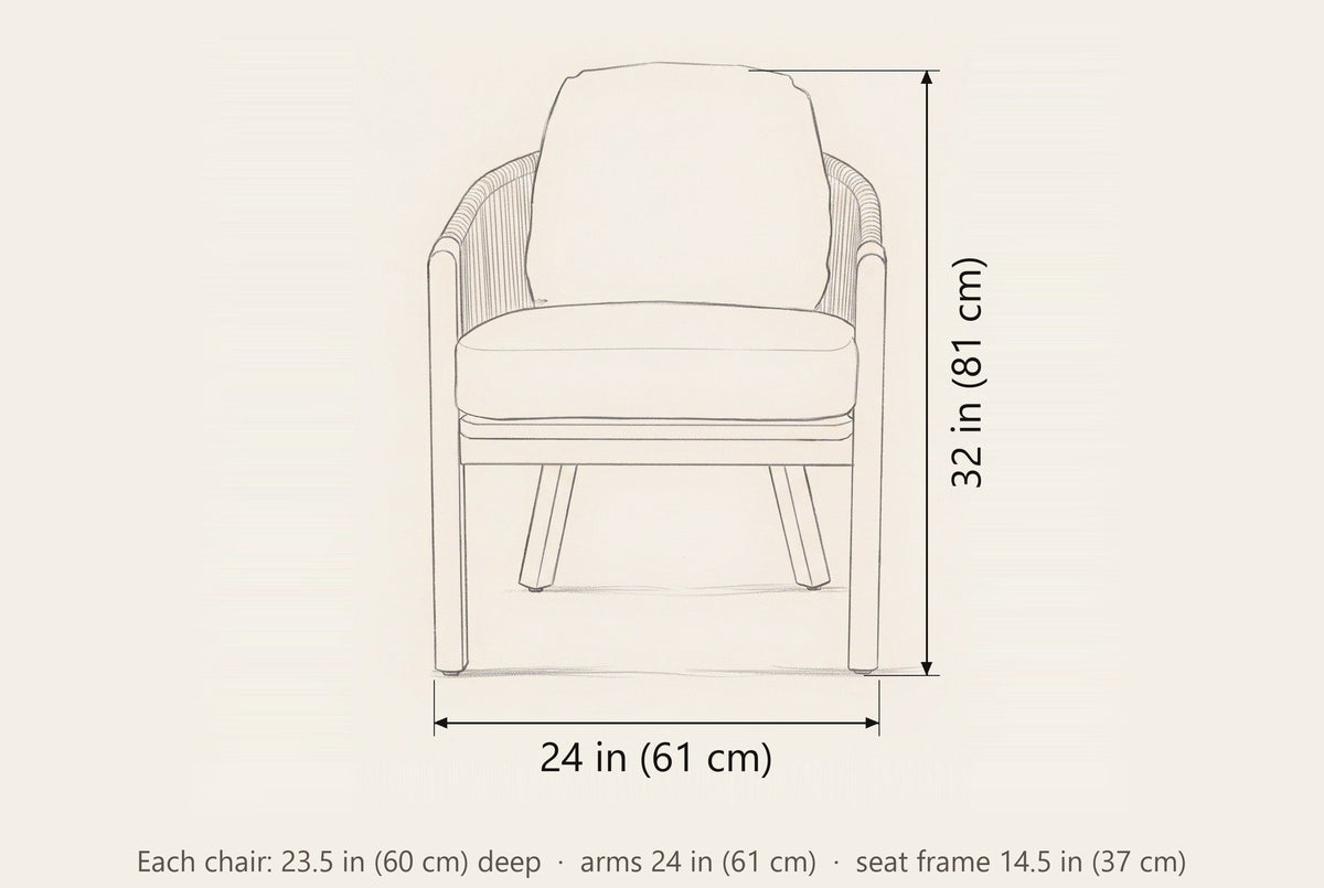Chiaramonte dining armchair dimensions: 24 in wide, 32 in high, 23.5 in deep, arm height 24 in (per chair)
