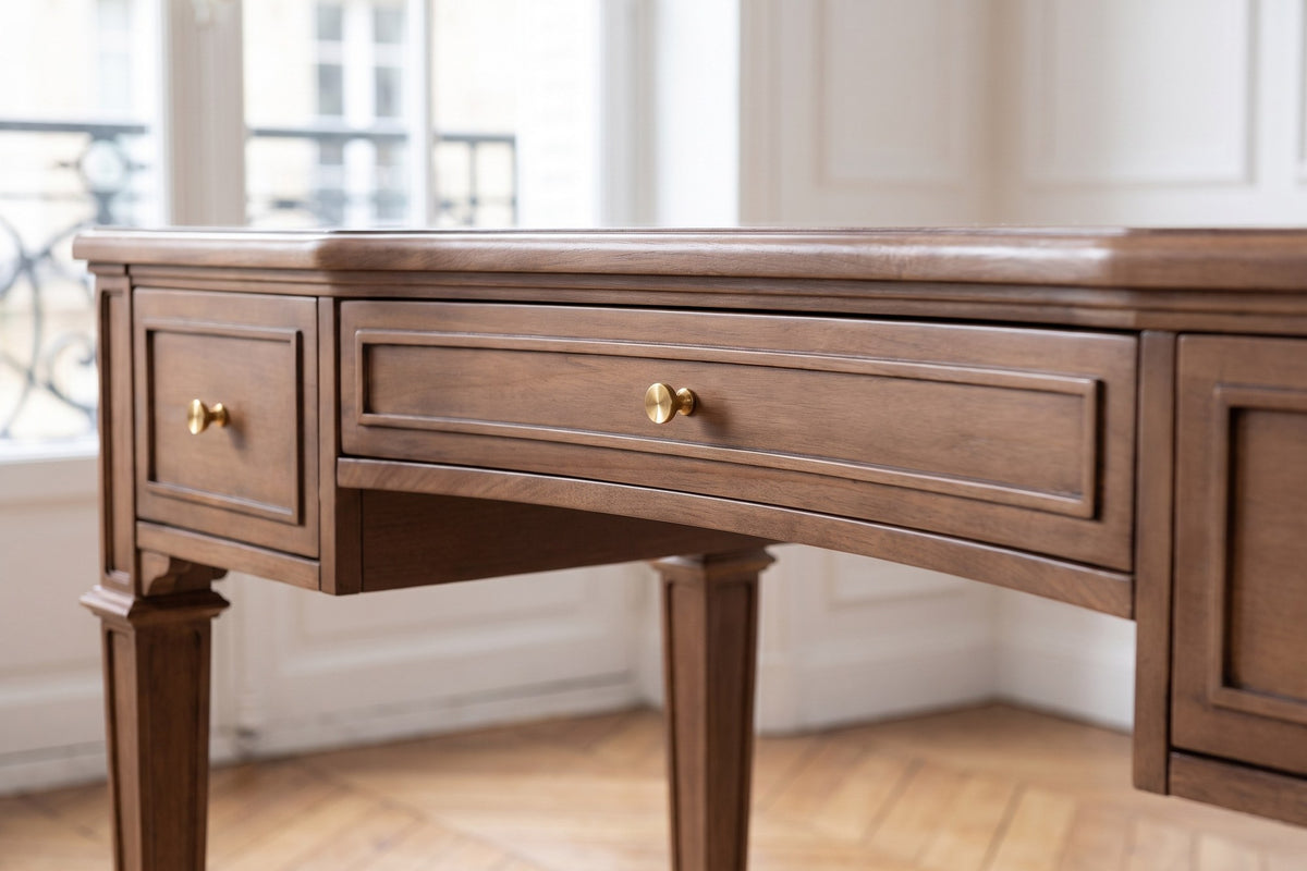 Close-up of the Chiaravalle 55-Inch 3-Drawer Rubberwood and Veneer Executive Desk: drawer