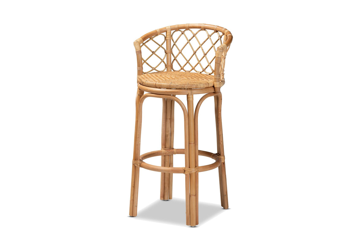 Cicala Natural Rattan Lattice-Back Bar Stool on a white background
