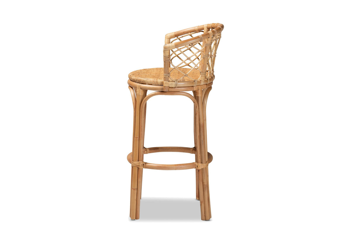 Cicala Natural Rattan Lattice-Back Bar Stool, side view