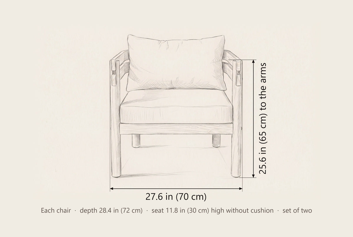 Cinisi club chair dimensions: each chair 27.6 in wide and 25.6 in high to the arms, 28.4 in deep, seat 11.8 in high without cushion